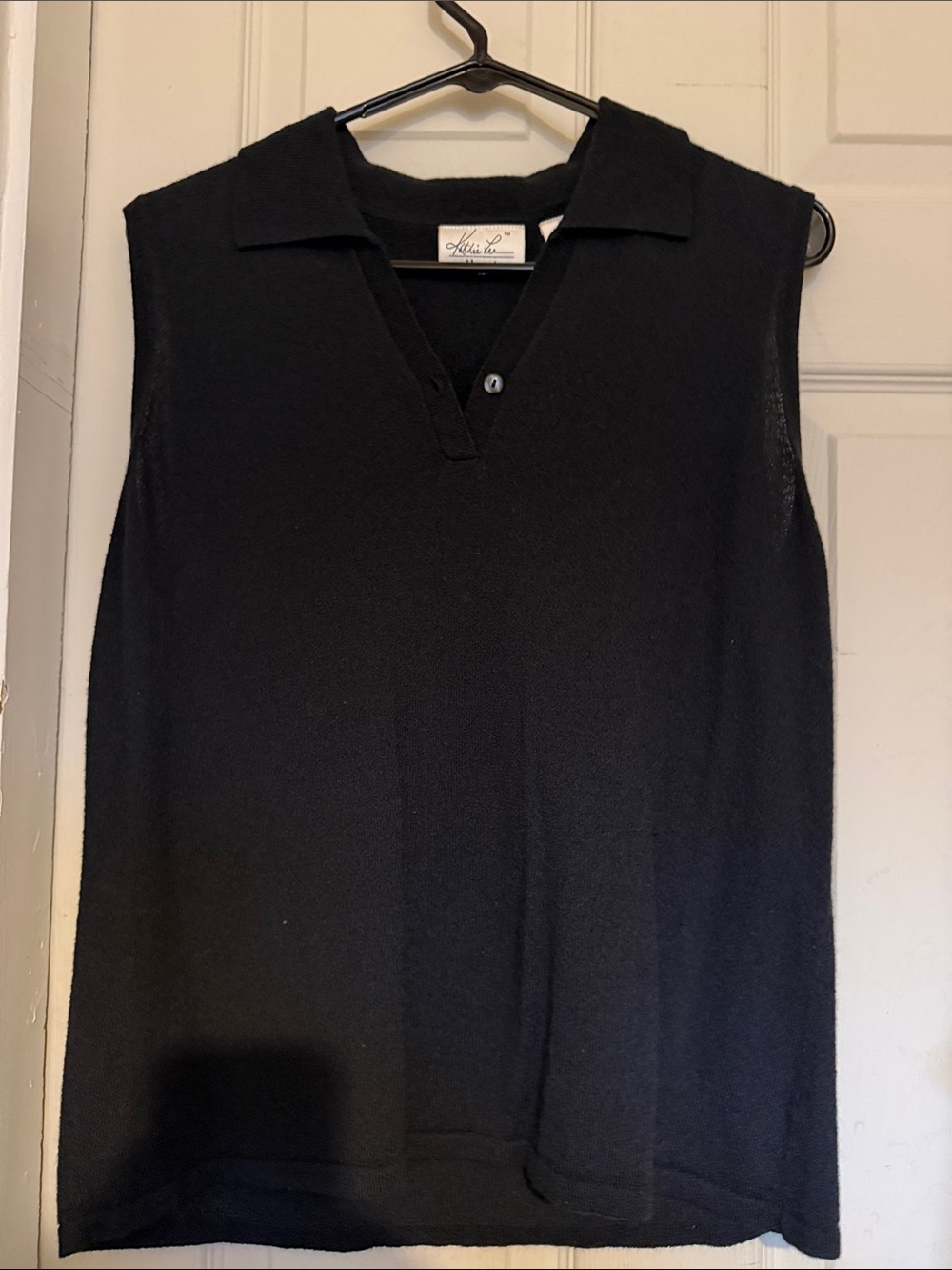Kathie Lee Collection Black Sleeveless Polo Knit Top with V-Placket